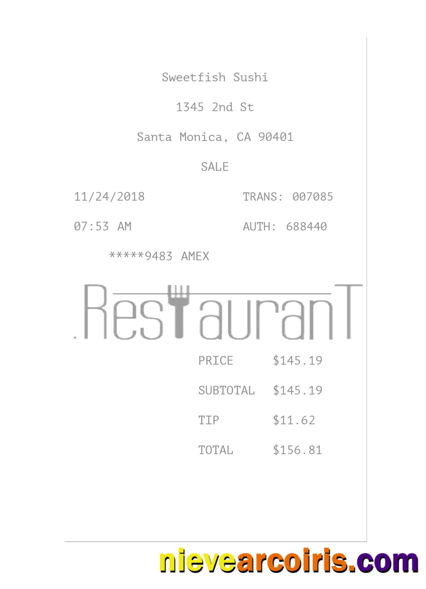 SWEETFISH SUSHI payment receipt